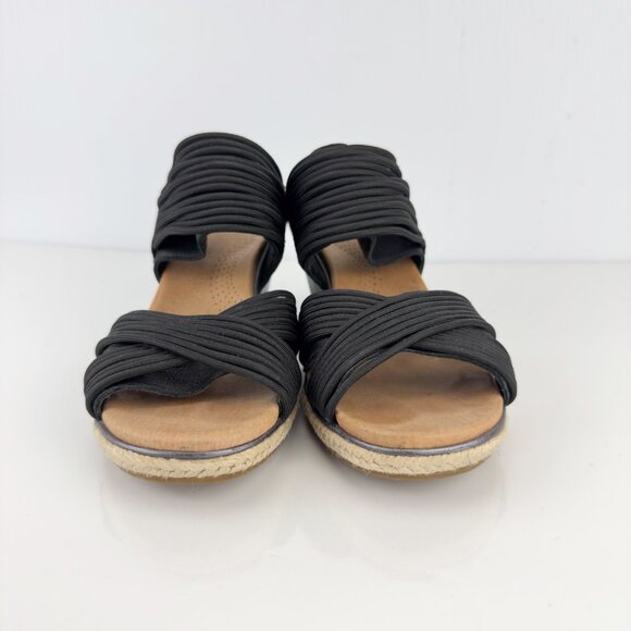 UGG Hilarie Wedge Sandals Black Leather Elastic Straps Espadrille US 8 EU 3 - Picture 3 of 12